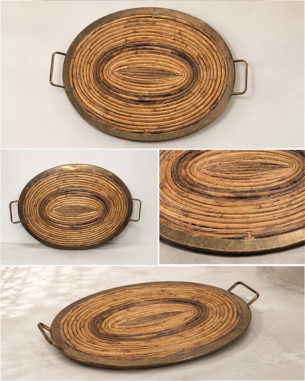 Vintage Italian Style Rattan & Brass Oval Tray | 1960s Gabriella Crespi Inspired